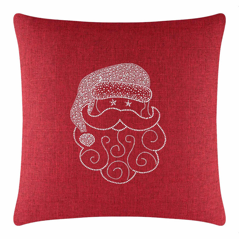 Red square pillow featuring a Santa face design made of sparkling rhinestones with a textured fabric background.
