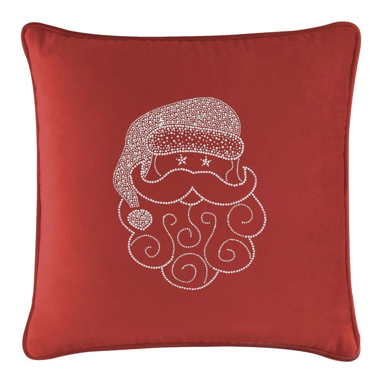 Red velvet pillow featuring a Santa face design embellished with white rhinestones and decorative swirls.