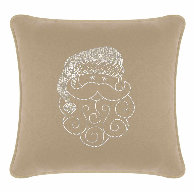Taupe velvet pillow featuring a Santa design embellished with white rhinestones and decorative swirls.