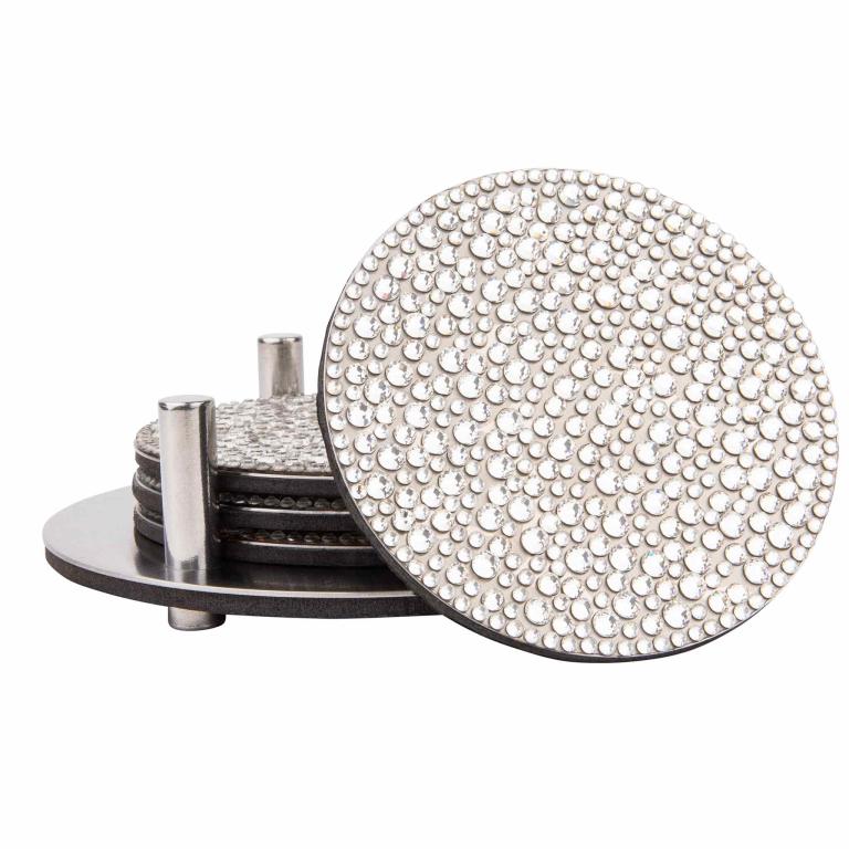 Set of four round stainless steel coasters with a textured surface covered in clear rhinestones displayed in a matching holder.