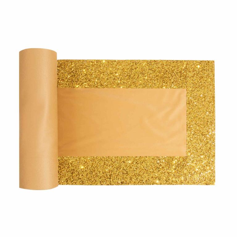 Gold table runner with a plush velvet center and a glittering rhinestone edge measuring 72" x 13".