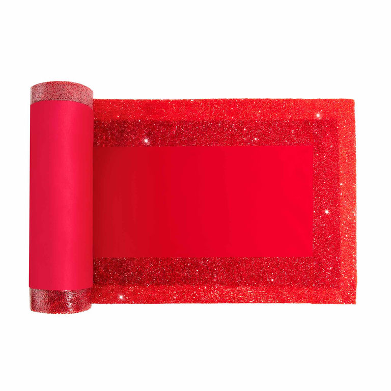 Red velvet table runner with a glittering rhinestone edge measuring 72" x 13" featuring a smooth plush center.