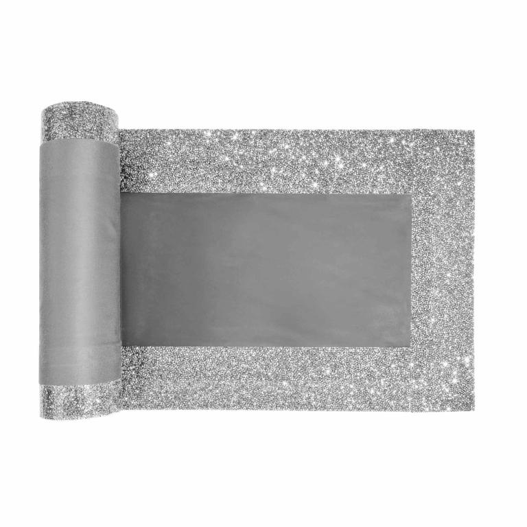 Silver&#x20;table&#x20;runner&#x20;with&#x20;a&#x20;glittering&#x20;rhinestone&#x20;border&#x20;and&#x20;a&#x20;plush&#x20;velvet&#x20;center&#x20;featuring&#x20;a&#x20;smooth&#x20;shiny&#x20;texture.