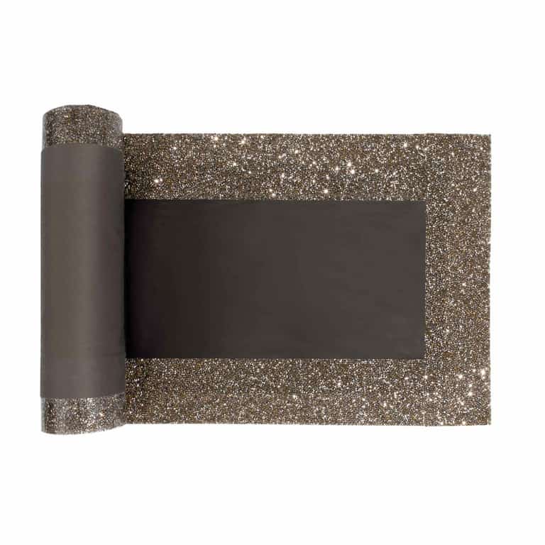 Charcoal velvet table runner with a glittering silver rhinestone border measuring 72" x 13" and slightly wavy edges.