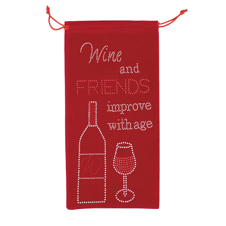 Red velvet wine bag with rhinestone embellishments featuring a wine bottle and glass design drawstring closure at the top.