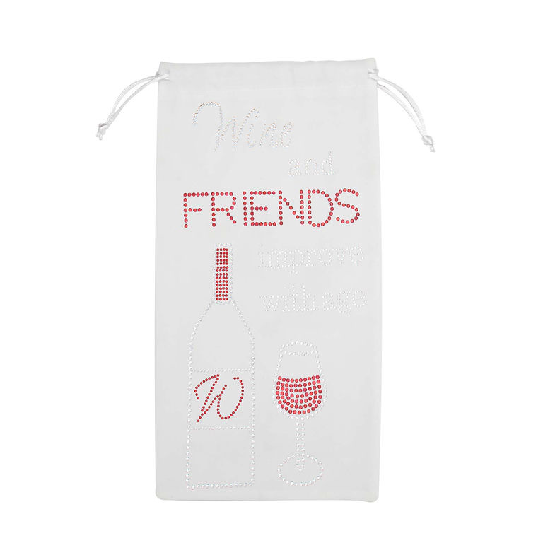 White velvet wine bag with rhinestone embellishments featuring red and clear stones in a bottle and glass design.