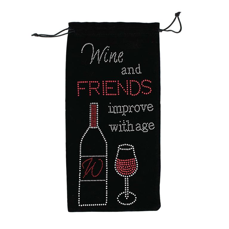 Black velvet wine bag with rhinestone embellishments featuring a wine bottle and glass design in white and red.