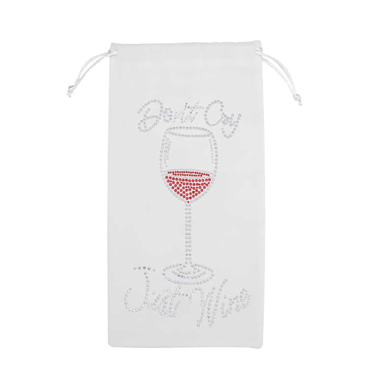 White velvet wine bag with rhinestone embellishments depicting a wine glass and red wine featuring a drawstring closure.