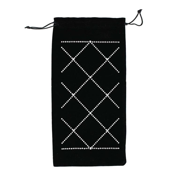 Black velvet wine bag with rhinestone embellishments in a crisscross pattern and a drawstring closure at the top.