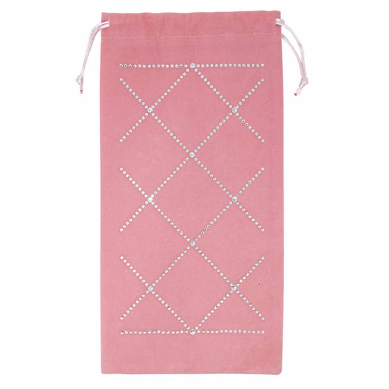 Pink velvet wine bag with a drawstring featuring a diamond pattern of sparkling rhinestones.