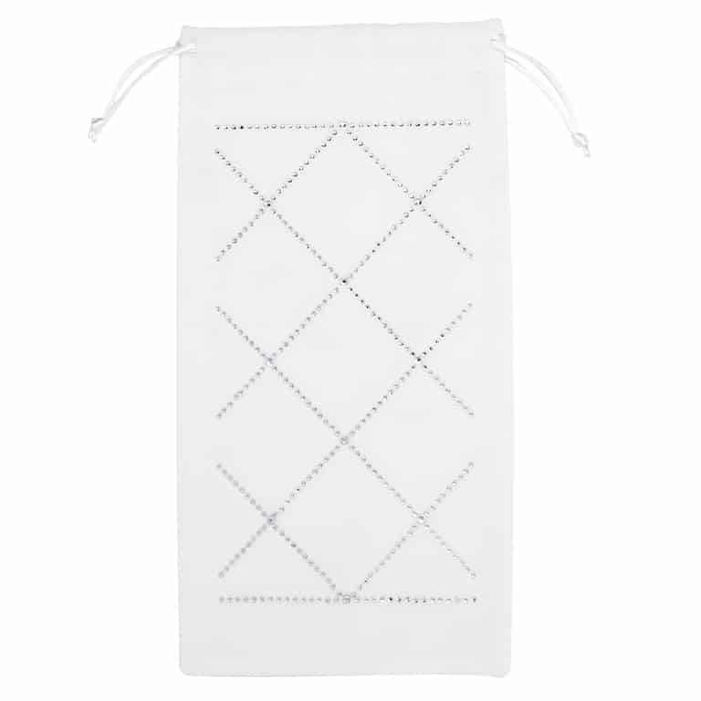 White velvet wine bag with a diamond pattern of sparkling rhinestones and a drawstring closure at the top.
