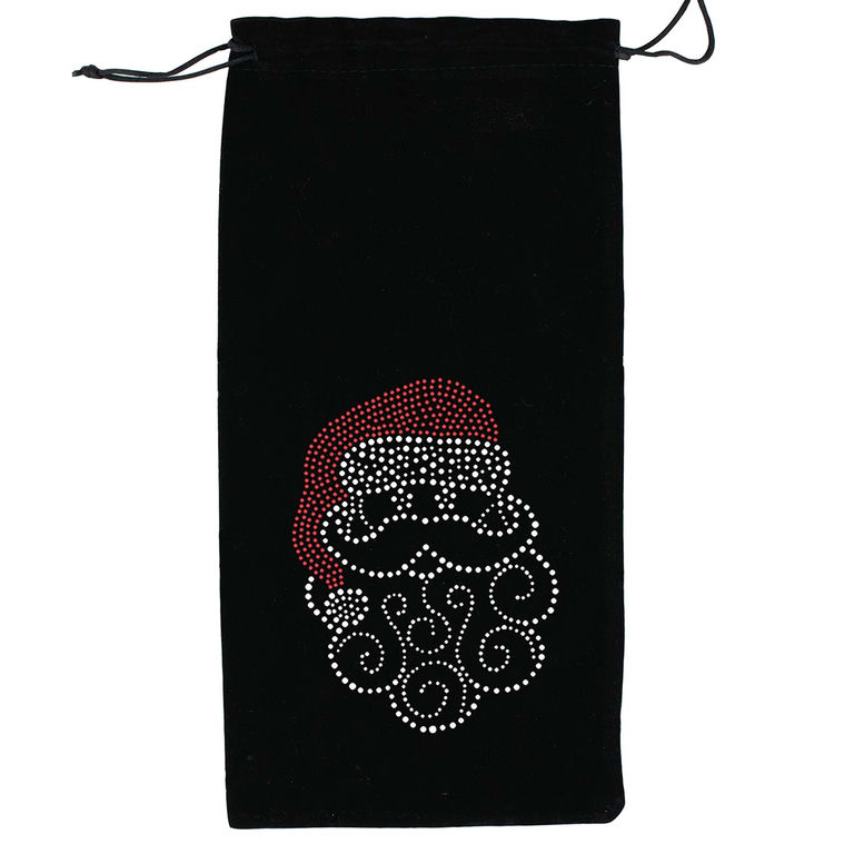 Black velvet wine bag featuring a rhinestone Santa with a red hat and white beard adorned with swirling embellishments.