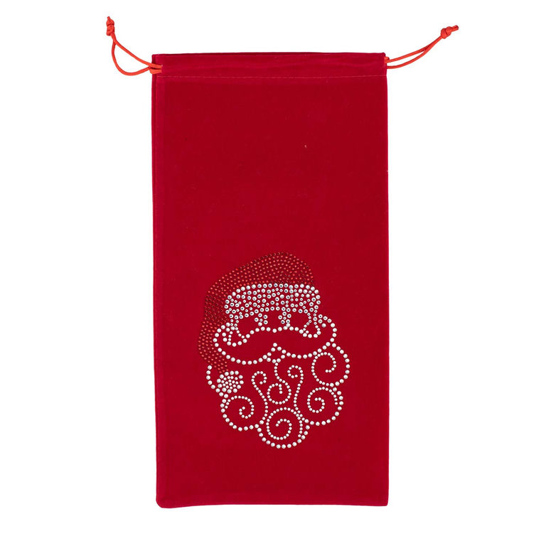 Red velvet wine bag with a rhinestone Santa design and an orange drawstring closure.