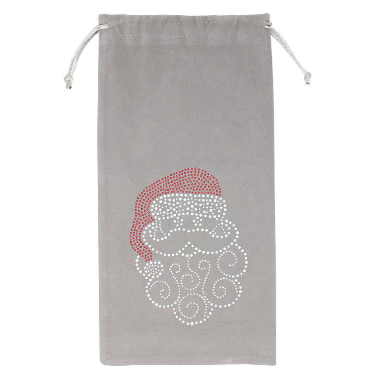 Gray velvet wine bag with a rhinestone Santa face featuring a red hat and white beard embellishments.