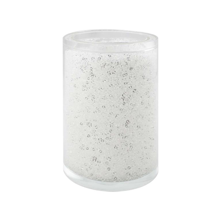 Clear cylindrical tumbler filled with tiny glass rhinestones and bubbles featuring a smooth glass texture.