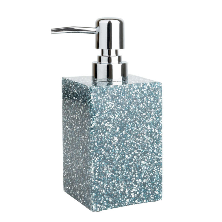 Square&#x20;soap&#x20;dispenser&#x20;made&#x20;of&#x20;textured&#x20;aqua&#x20;resin&#x20;with&#x20;sparkling&#x20;rhinestones&#x20;and&#x20;a&#x20;chrome&#x20;pump&#x20;top.