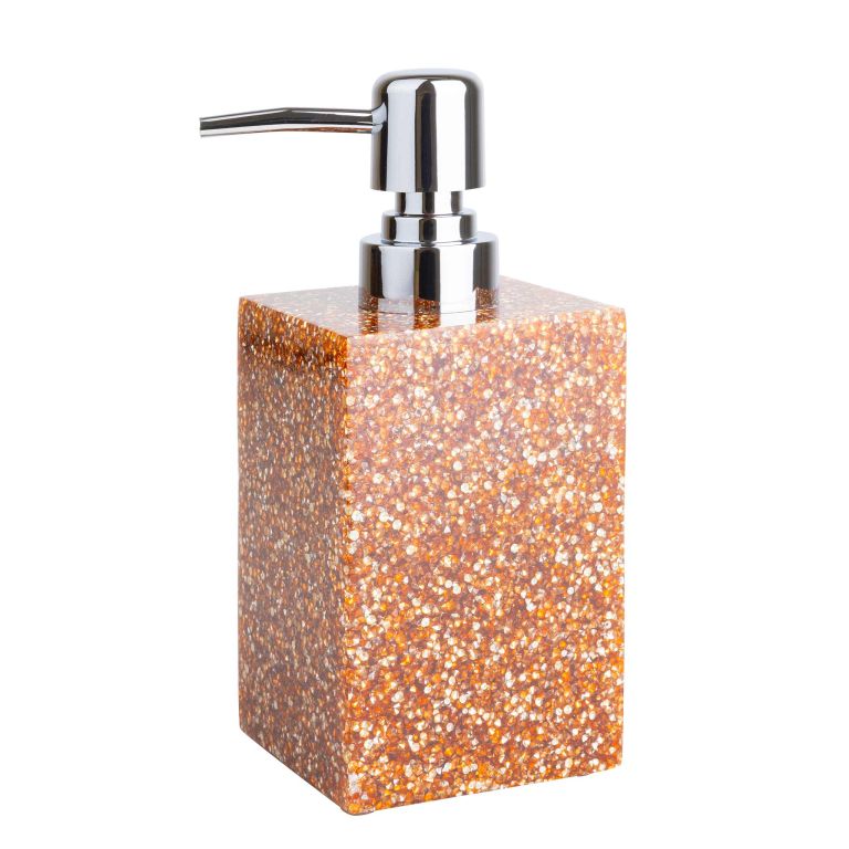 Square amber resin soap dispenser with sparkling rhinestones and a chrome pump top.