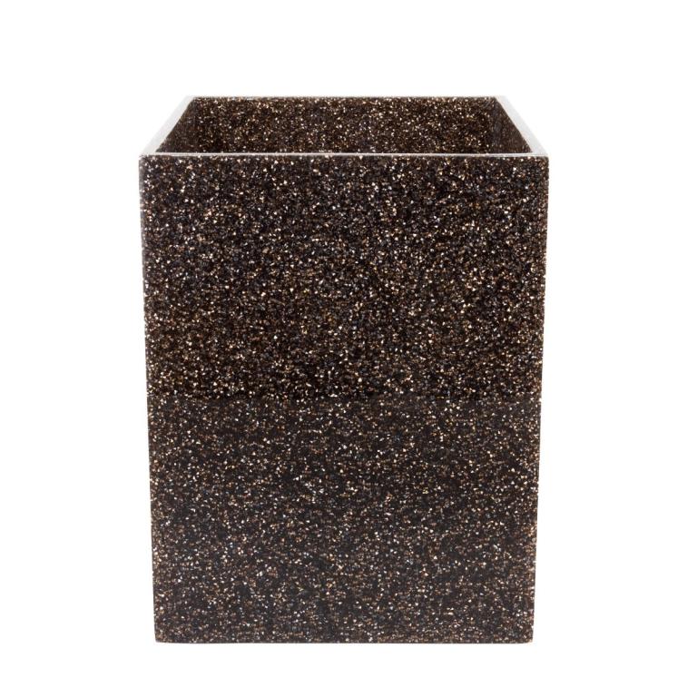 Square wastebasket in charcoal with a textured surface featuring thousands of small sparkling rhinestones.