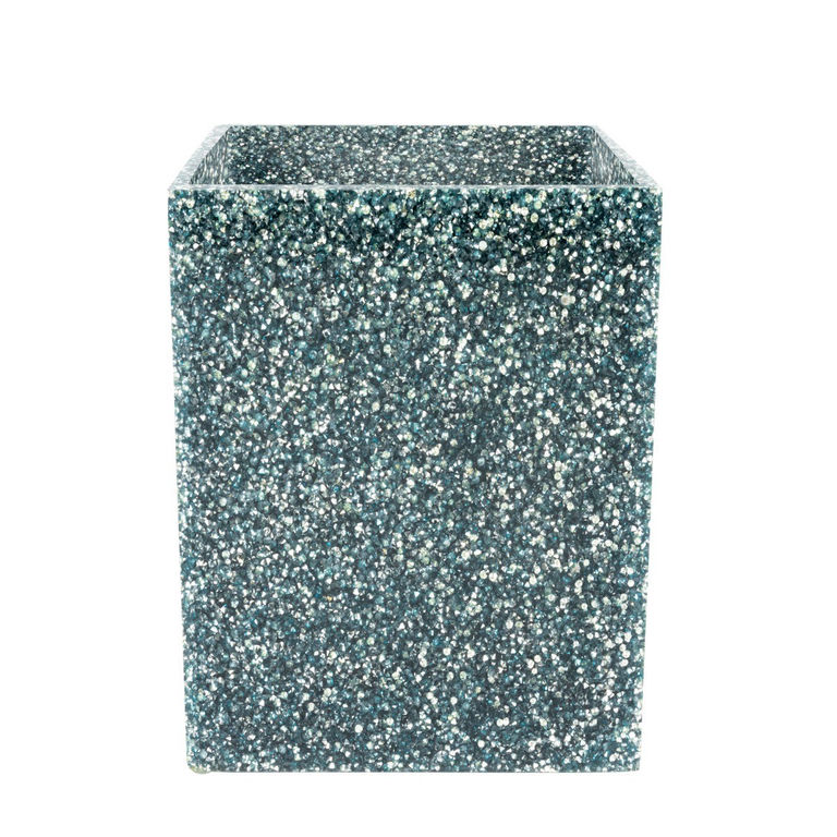 Square wastebasket with a textured teal surface covered in sparkling rhinestones.