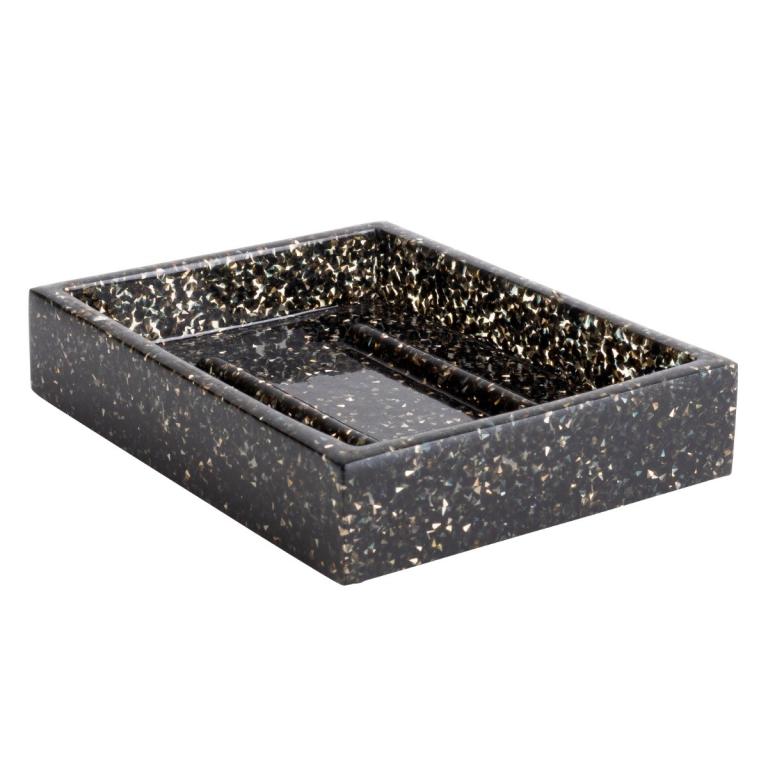 Rectangular charcoal soap dish with a glossy finish featuring a rhinestone-encrusted surface and a textured interior.