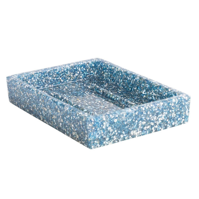 Rectangular soap dish in translucent aqua with rhinestone-like embellishments and a textured surface.