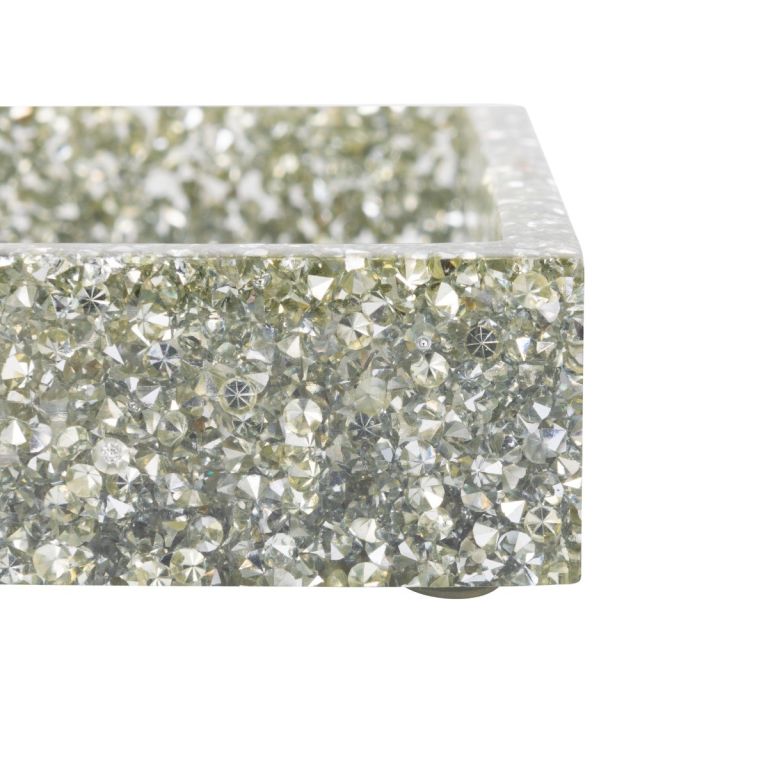Rectangular soap dish with a textured silver surface featuring embedded rhinestones and a glossy finish.