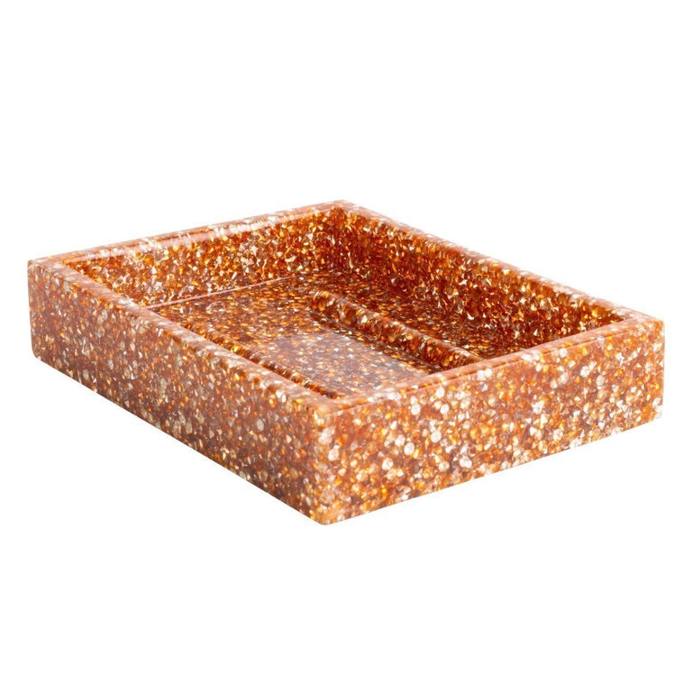Rectangular soap dish with a topaz hue featuring a textured surface of embedded rhinestones and a glossy finish.