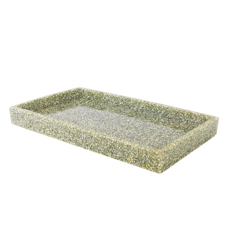 Rectangular tray with a smooth speckled green surface and raised edges made of durable material with a glossy finish.