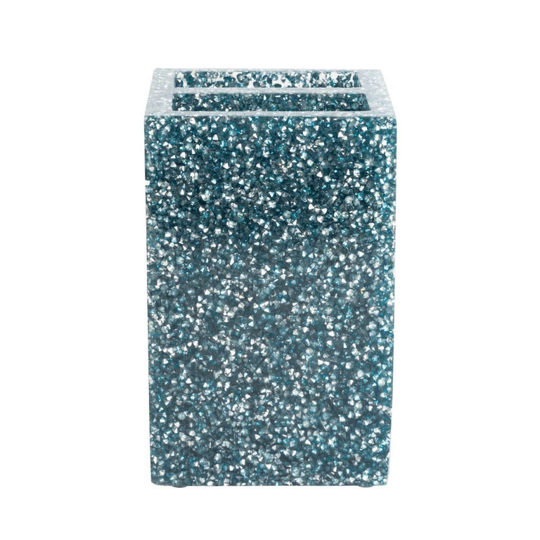 Rectangular teal toothbrush holder with a textured surface encrusted with silver rhinestones and two slots on top.