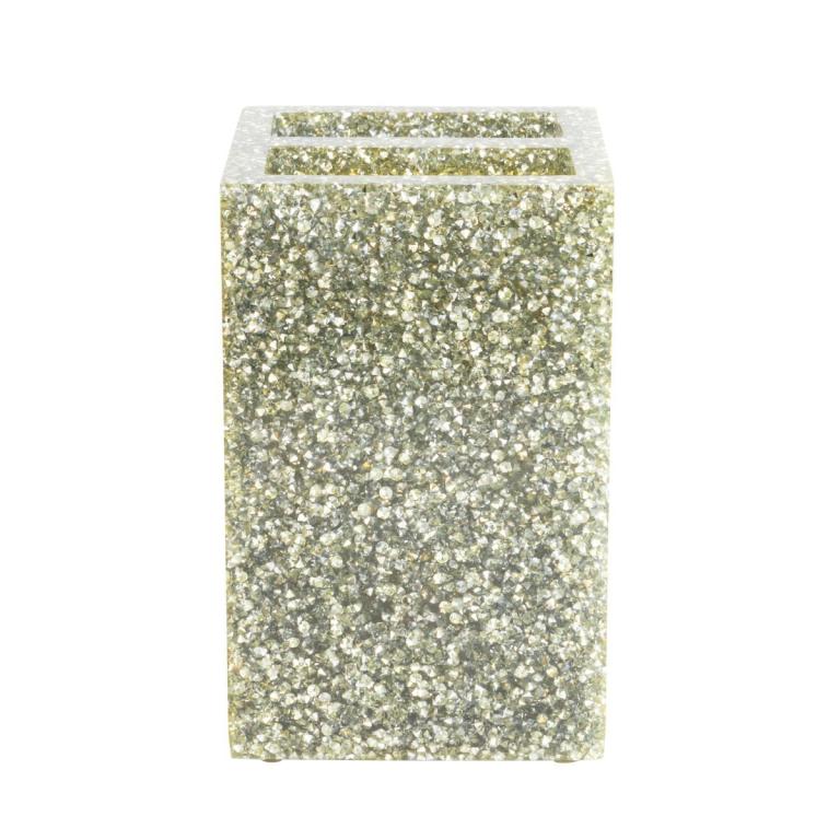 Silver rectangular toothbrush holder encrusted with rhinestones featuring a textured surface and two compartments at the top.