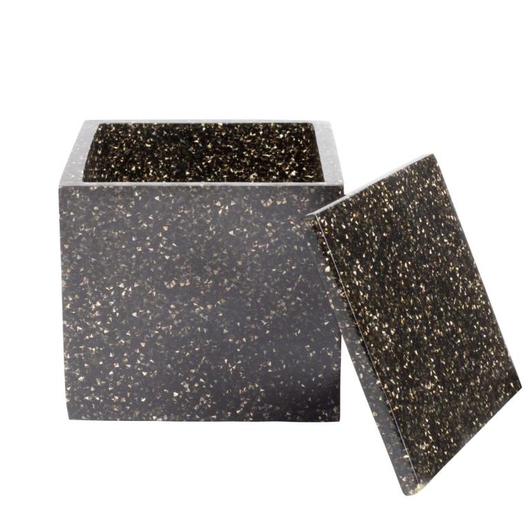 Charcoal&#x20;square&#x20;cotton&#x20;ball&#x20;holder&#x20;with&#x20;a&#x20;textured&#x20;surface&#x20;and&#x20;sparkling&#x20;rhinestone&#x20;embellishments&#x20;featuring&#x20;a&#x20;removable&#x20;lid.