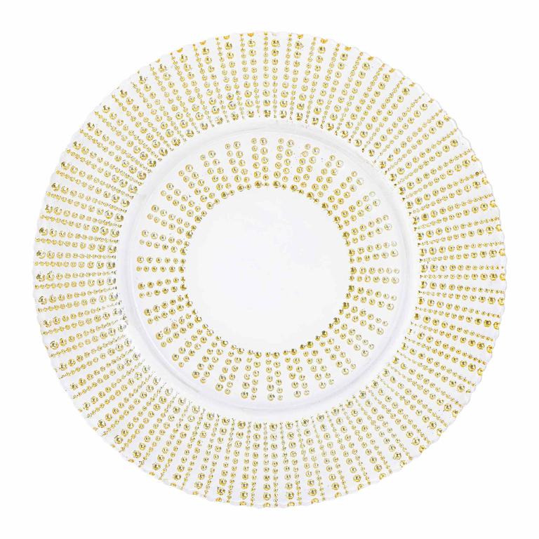 A 13" white charger plate with hand-painted gold rhinestone embellishments arranged in radial patterns around the edge.