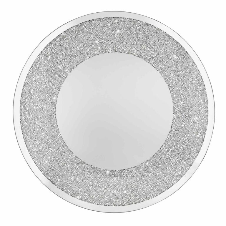 Round charger plate with a mirrored center and a sparkling silver rhinestone trim around the edge.