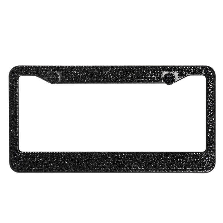 Black license plate frame adorned with small black rhinestones rectangular shape with rounded corners and mounting holes.