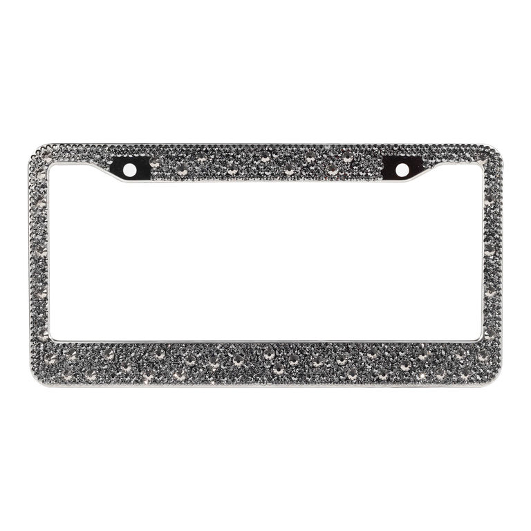 Charcoal metal license plate frame adorned with clear rhinestones along the edges and two mounting holes at the top.