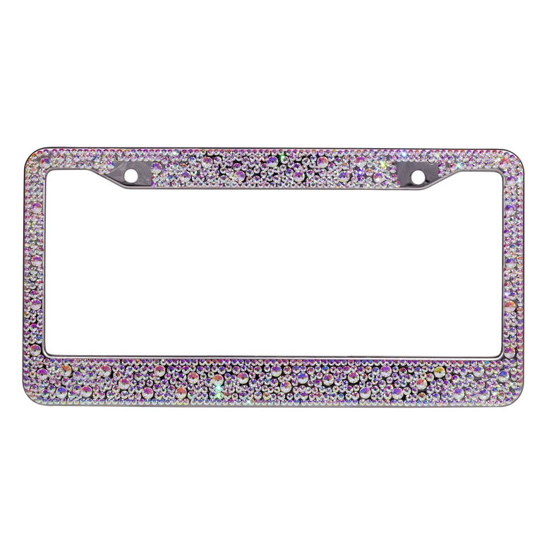 Silver license plate frame adorned with iridescent rhinestones rectangular shape with rounded corners shiny metallic finish.