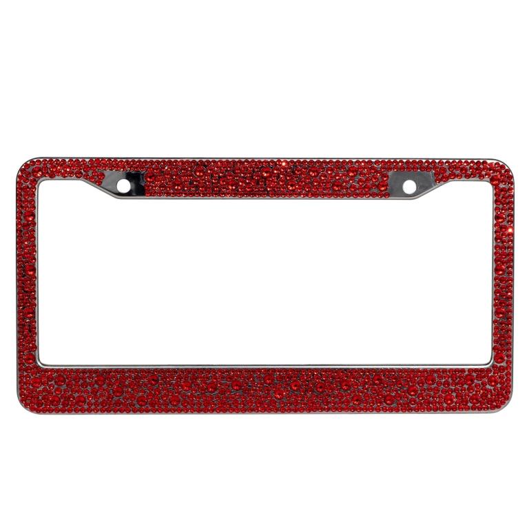 Red rhinestone-adorned license plate frame with a shiny metallic edge designed to fit standard US/CA plates.
