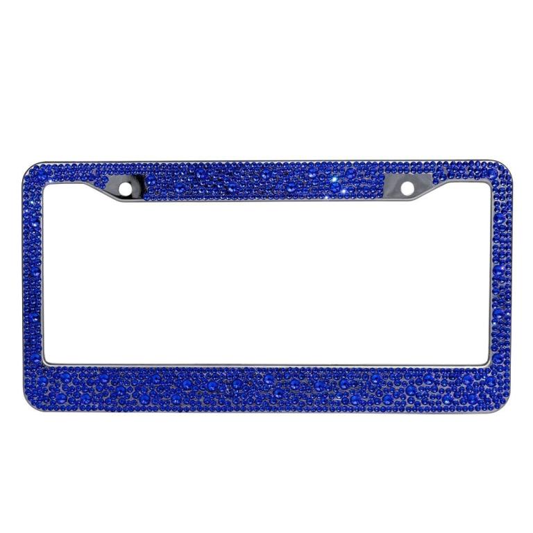 Sapphire blue rhinestone-adorned license plate frame with a shiny metallic border and open center for standard plates.