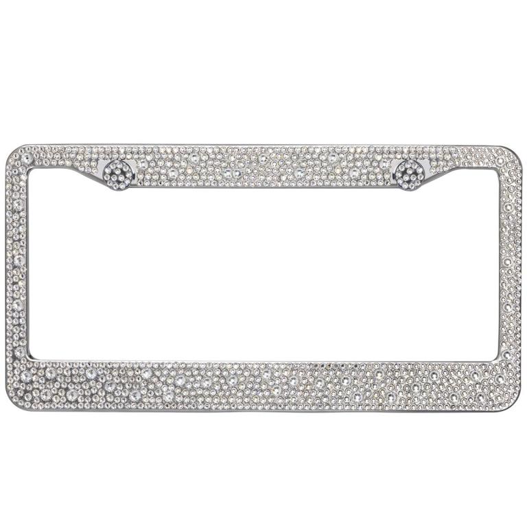 Silver&#x20;license&#x20;plate&#x20;frame&#x20;adorned&#x20;with&#x20;clear&#x20;rhinestones&#x20;featuring&#x20;a&#x20;rectangular&#x20;shape&#x20;and&#x20;smooth&#x20;edges.