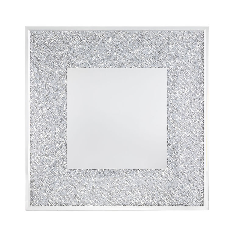 Square charger plate with a mirrored center and a sparkling silver glitter border featuring a sleek metallic edge.