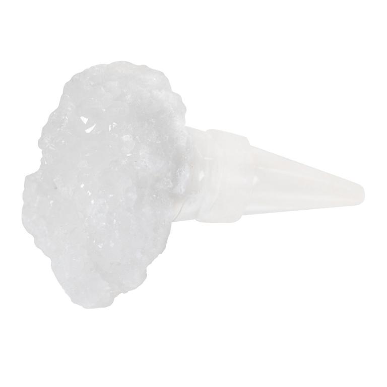 Glass wine stopper with an iridescent white geode top and a clear tapered base.