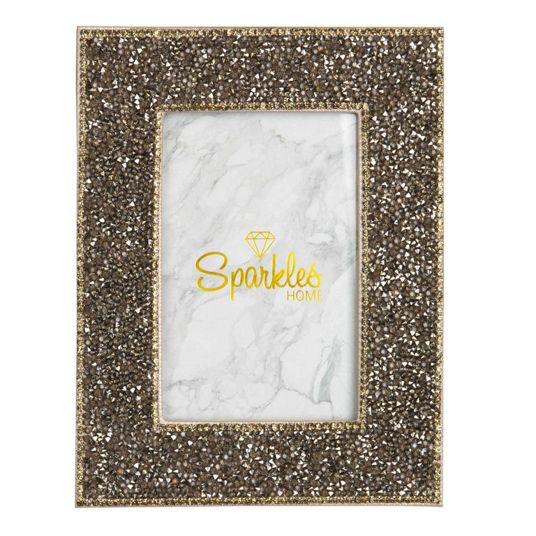 Charcoal picture frame with a sparkling rhinestone border and clear glass featuring a marble-patterned background inside.