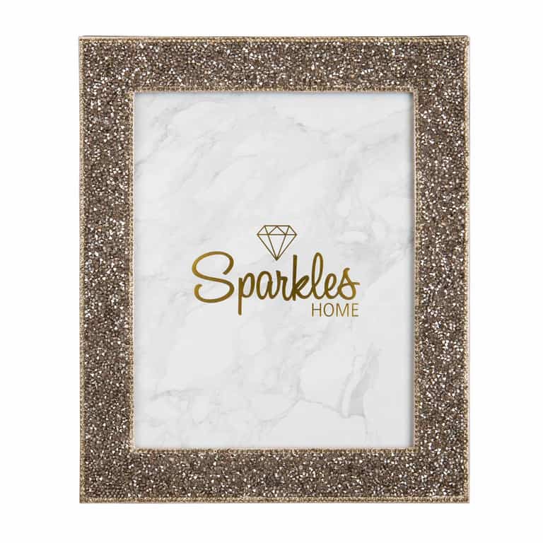 Charcoal picture frame with a sparkling rhinestone trim and clear glass featuring a marble-patterned background.