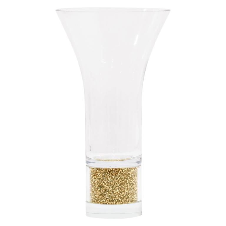 Clear crystal vase with a flared top and a gold glitter base featuring a smooth surface and a modern design.