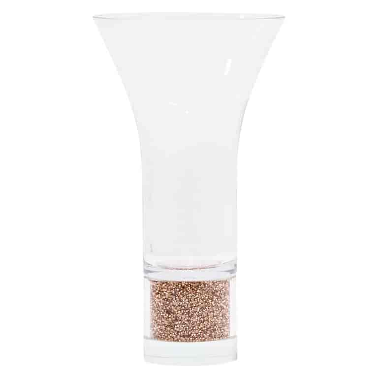 Clear crystal vase with a flared top and a rose gold glitter base smooth texture and elegant design.