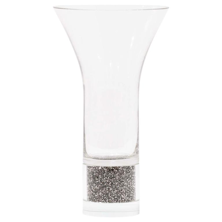 Clear crystal vase with a flared top and a silver glitter base measuring 10.5 inches in height.