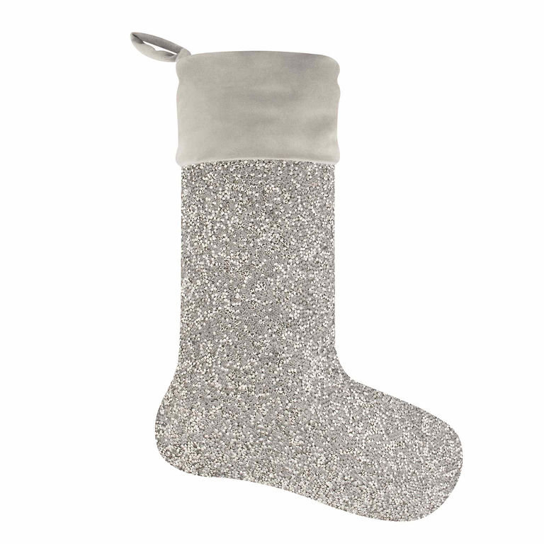 Silver stocking with a plush gray velvet cuff and a sparkling rhinestone-embellished body.