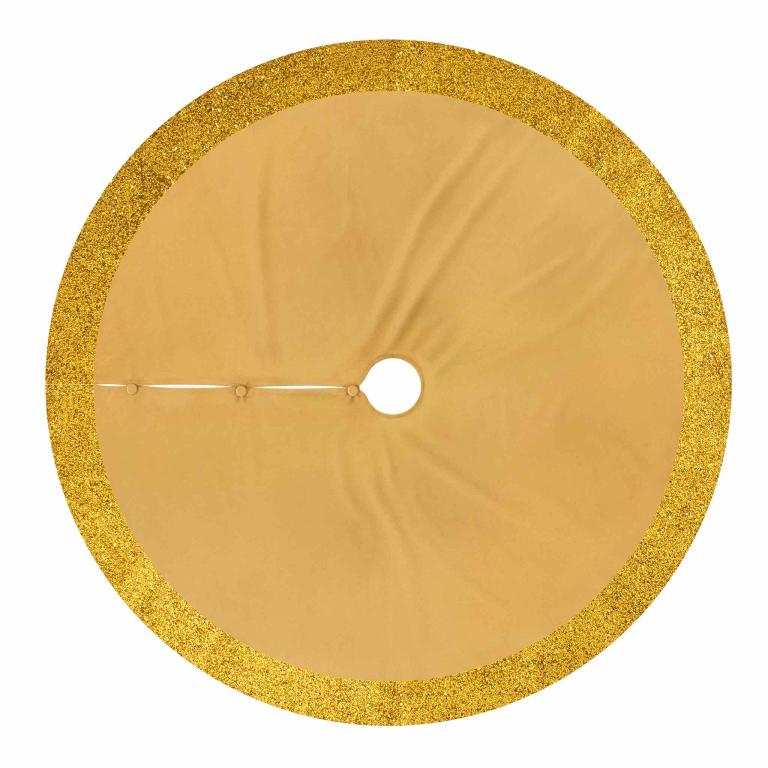 Gold velvet tree skirt with resin rhinestone trim and a ruffled edge featuring a central opening and button closures.