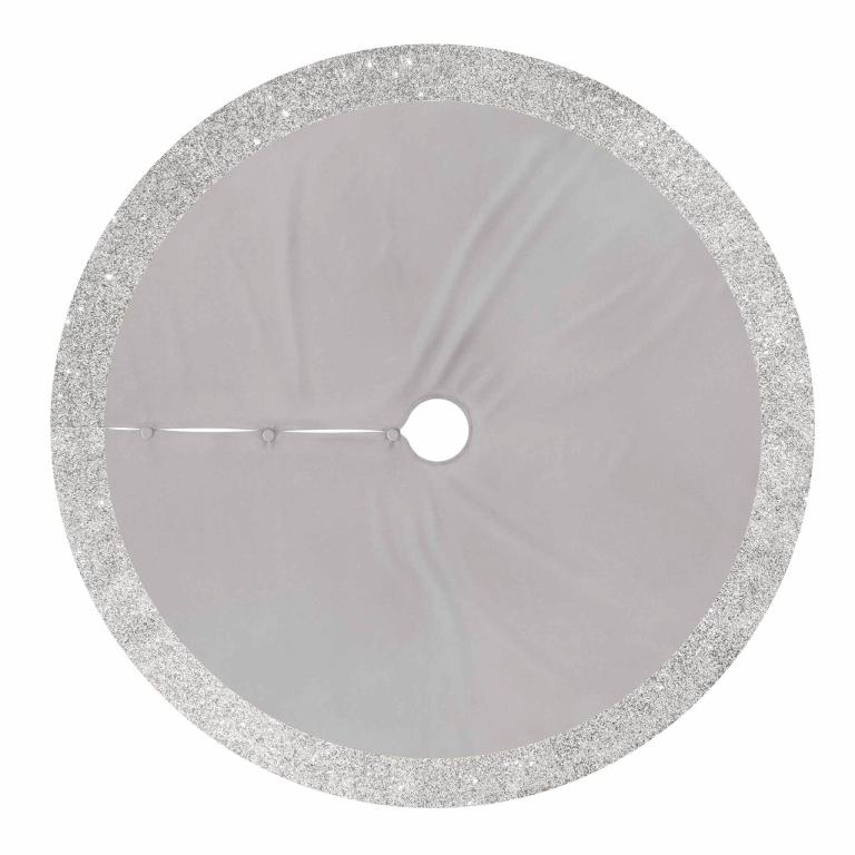 Silver velvet tree skirt with a ruffled edge adorned with resin rhinestones featuring a central opening and button closures.