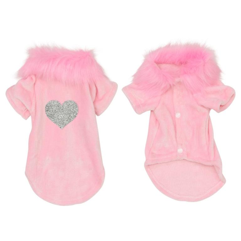 Pink velvet pet cardigan with a fluffy pink collar and a glittery silver heart embellishment on the back.